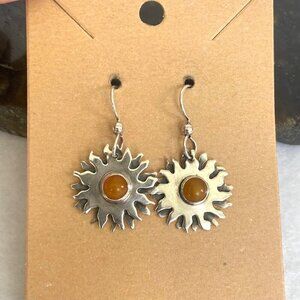 VTG Sterling Silver 925 Southwest Monika Baltic Amber Sunburst Dangle Earrings